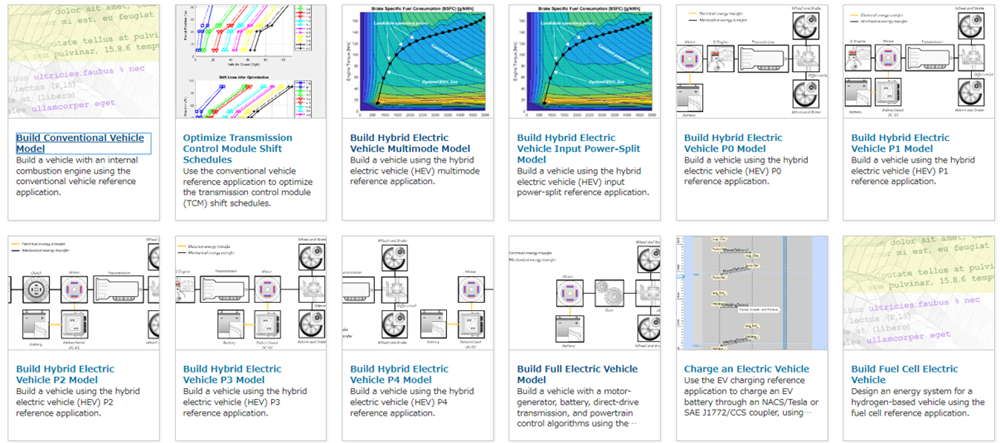 Powertrain Blocksetのリファレンスアプリケーション一覧を示す画像。従来型車両モデル、ハイブリッド車両モデル、電気自動車モデル、燃料電池車モデルなど多様な車両パワートレインの構成例をリファレンスの例題として提供している。ユーザーのやりたい事に合わせて近しいモデルを選んで使うことができる。