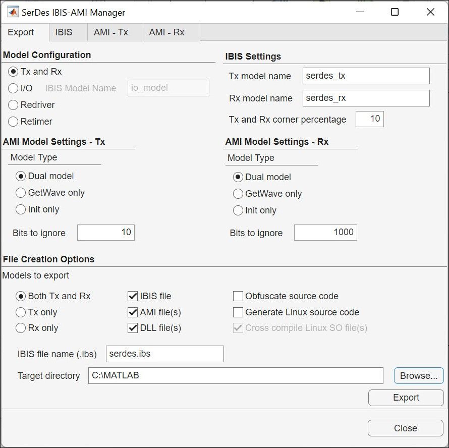 Screenshot of SerDes IBIS-AMI Manager in SerDes Toolbox used to export an IBIS-AMI model.