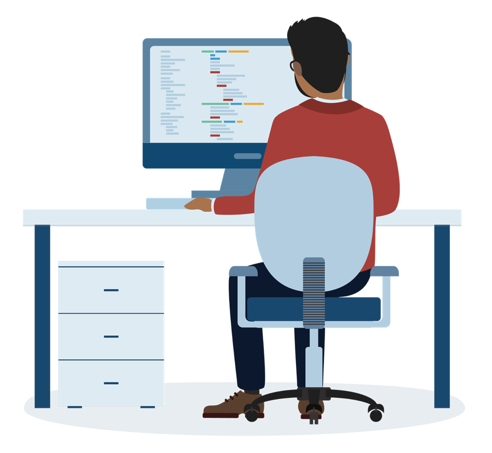 Illustration of a man sitting at a desk with a computer showing code and different colors on screen.