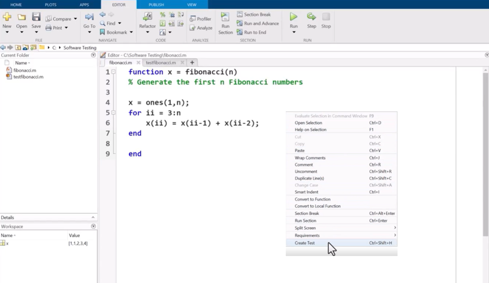 Screenshot of software testing in MATLAB highlighting the context menu for creating a unit test.