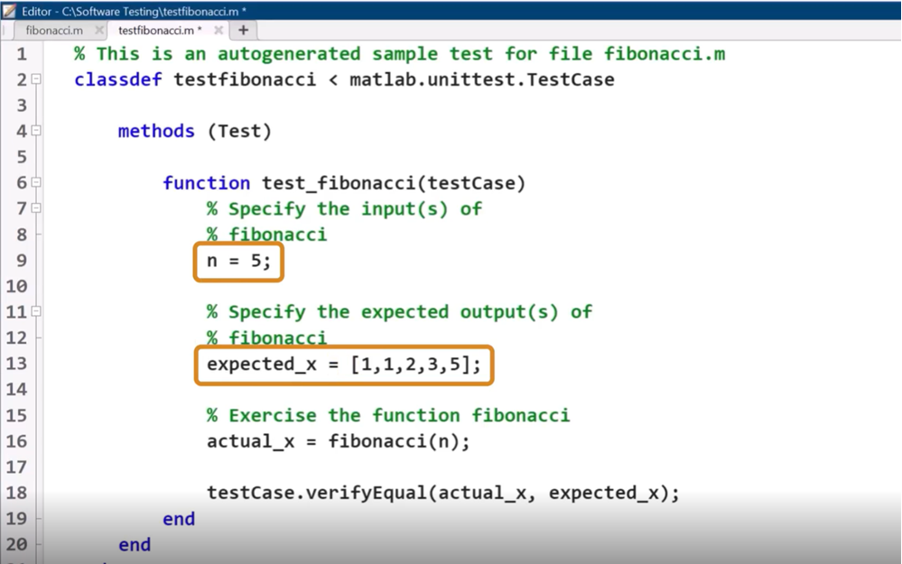 Screenshot of MATLAB code for software testing with orange boxes indicating the values to provide for the unit test class.