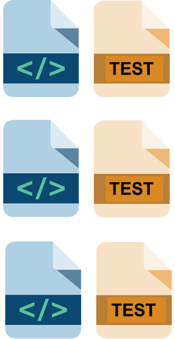 Three rows of icons depicting code in the left column and corresponding tests in the right column.