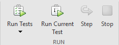Screenshot of Run section of MATLAB Editor toolstrip showing icons for Run Tests, Run Current Test, Step, and Stop.