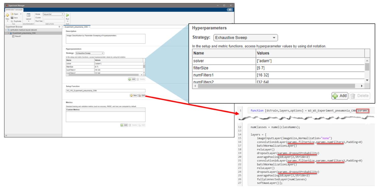 Captures d'écran des configurations du balayage d'hyperparamètres et des couches du CNN dans l'application Experiment Manager.