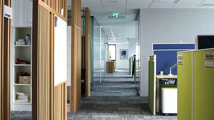 Office hallway with bright natural light