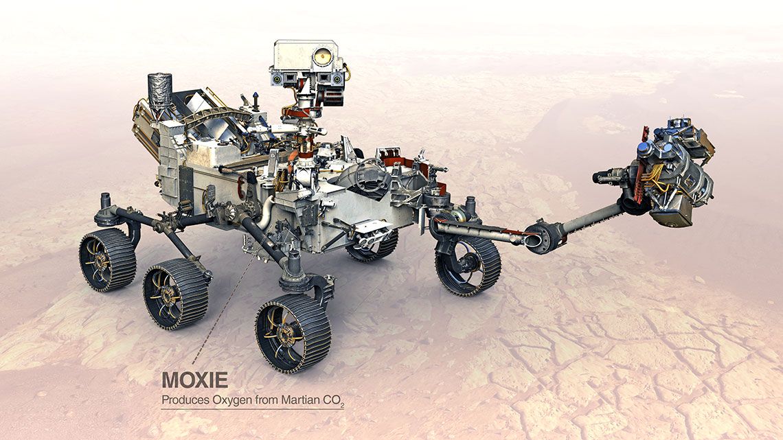 Illustration du rover Perseverance avec une étiquette indiquant l'emplacement de MOXIE.