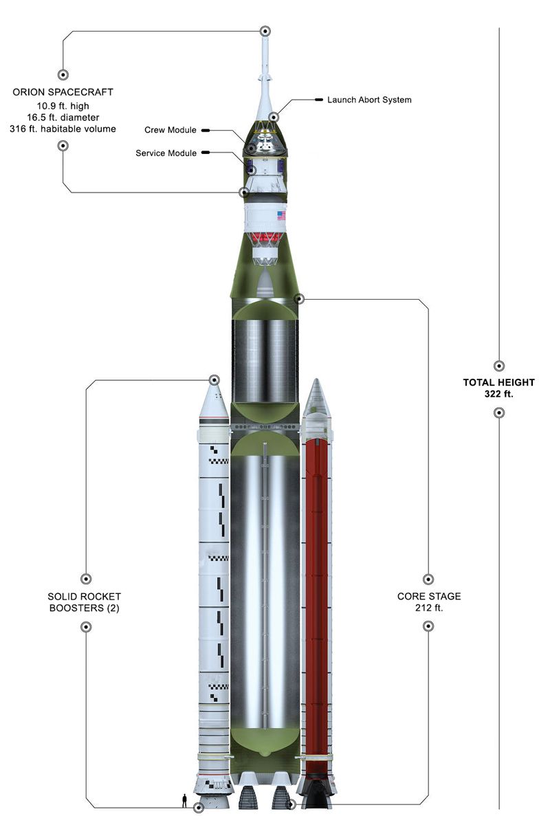 Le Space Launch System mesure environ 98 m de hauteur. L'étage principal fait environ 65 m. La capsule Orion se tient au sommet du SLS et atteint à peu près 3 m de hauteur, 5 m de diamètre et a un volume habitable de 8,9 m3.