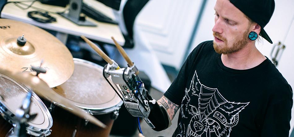 A close-up of the autonomous robotic drumming prosthesis.