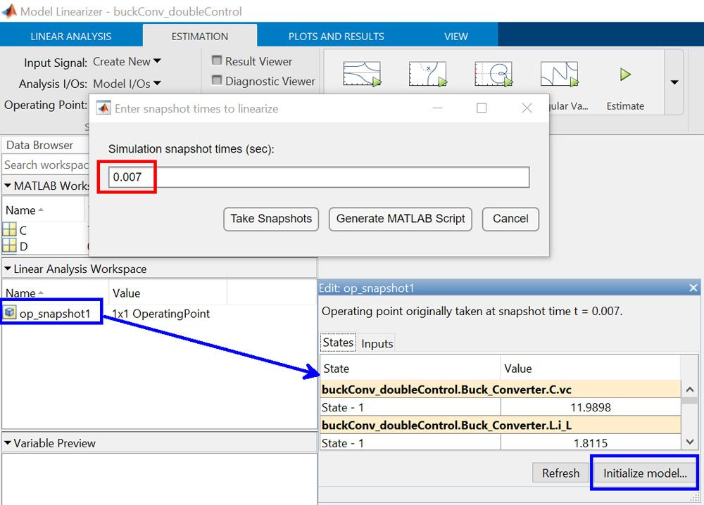 Figure 3. Open-loop buck converter model initialization using a simulation snapshot operating point computed at 0.007 seconds.
