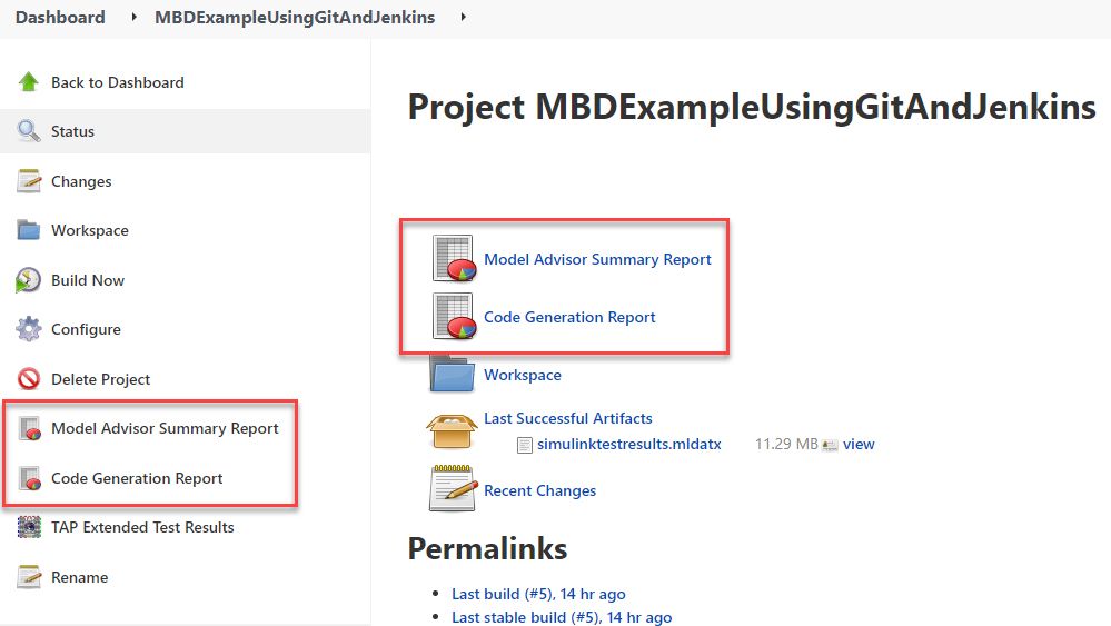 A screenshot showing Jenkins project dashboard where the options to view Model Advisor Summary Report and Code Generation Report are highlighted.