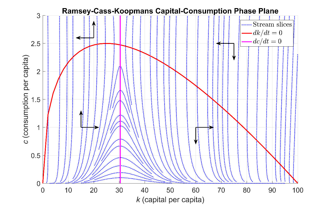 Figure 1: Phase portrait of the  Ramsey-Cass-Koopmans system of ordinary differential equations.