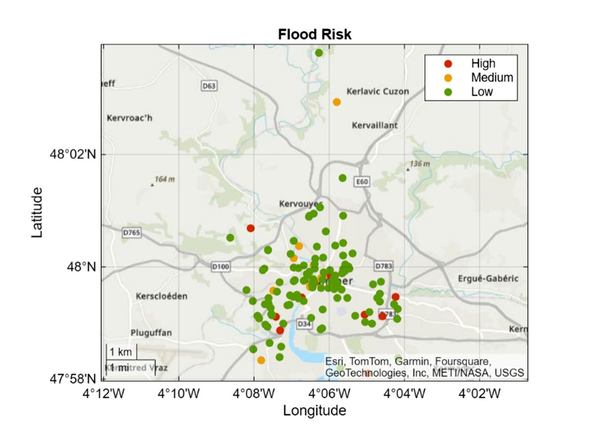 Une carte identifiant les emplacements à risque d’inondation élevé, moyen et faible.