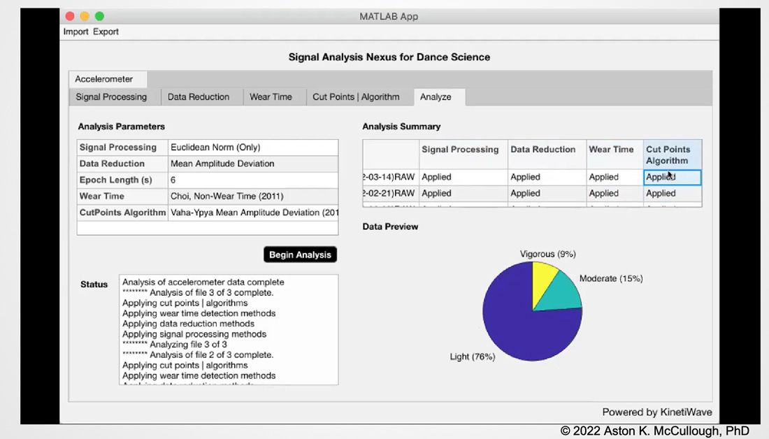 Screen capture from MATLAB app that enables UMass Amherst students to analyze joint angles and motion based on recorded video data.