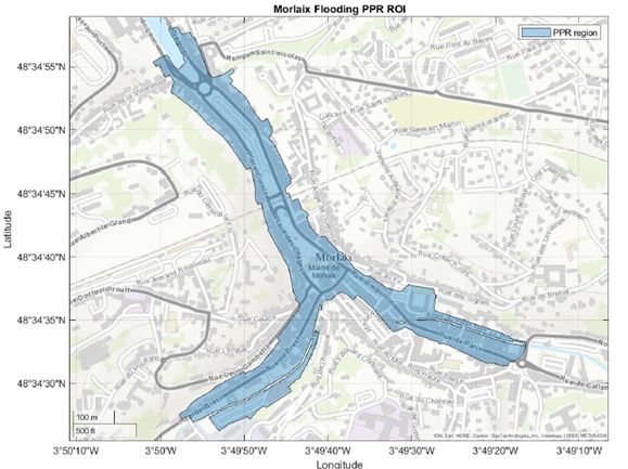 Map showing flood risks along the Lot River in Morlaix, France.
