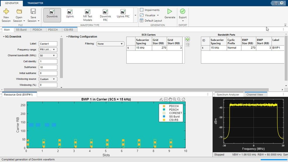 Capture d'écran de l'application Wireless Waveform Generator montrant la génération d'un modèle de test.