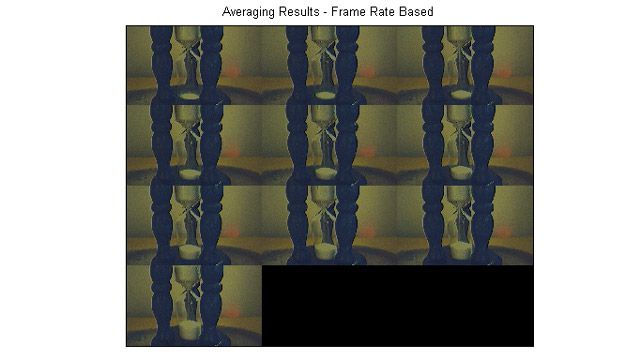 Capture d'écran de 10 images d'un sablier avec du sable qui s'écoule, dont la moyenne est calculée au fil du temps, illustrant l'utilisation des fonctionnalités de rappel, de déclenchement et d'enregistrement.