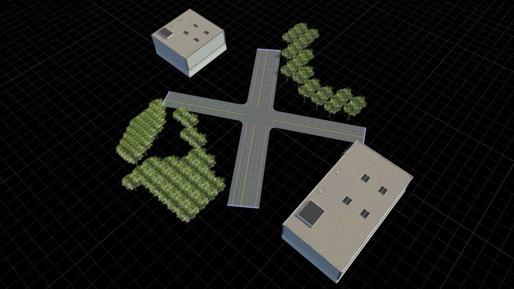 Créer des intersections avec des bâtiments et des arbres Scène RoadRunner comportant une intersection créée avec RRHD.