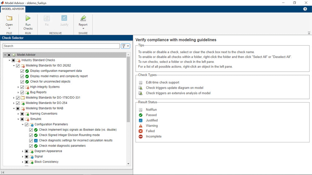 Règles de vérification de la conformité aux normes de l&#39;industrie dans Model Advisor, montrant les résultats de ces exécutions : réussite, échec, avertissement et justifié.