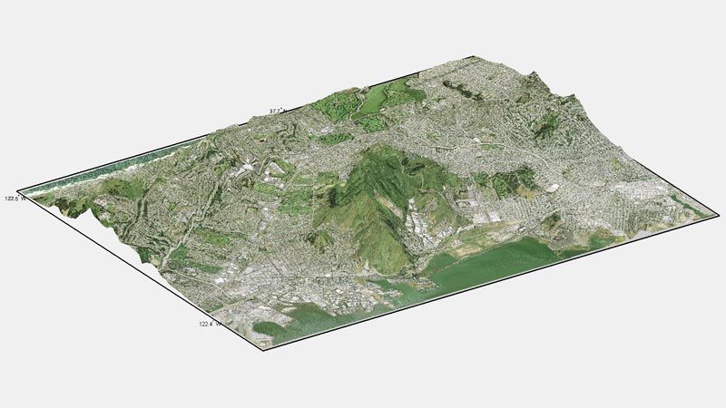 Carte composite 3D de San Francisco créée avec des fonctions de Mapping Toolbox.