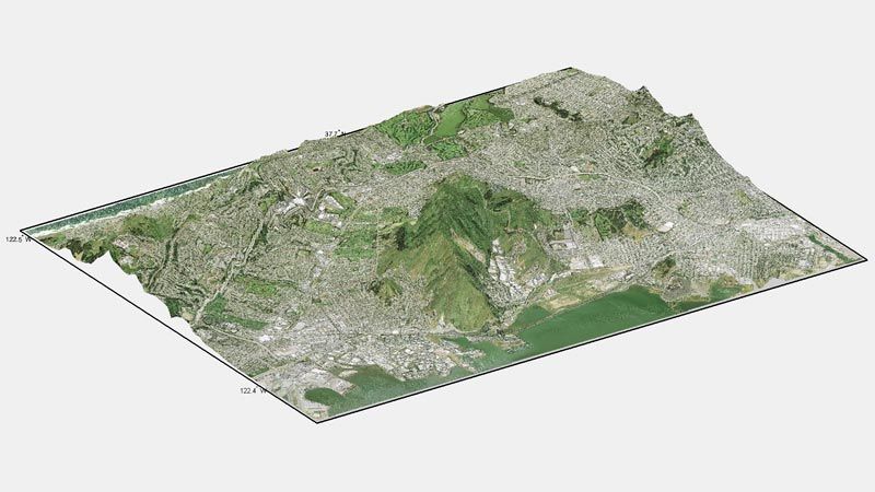 Visualisation d'une carte composite 3D Carte composite 3D de San Francisco créée avec des fonctions de Mapping Toolbox.