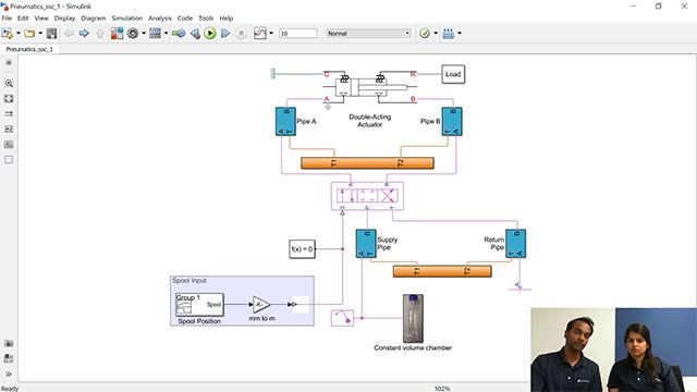 Veer and Maitreyee show how you can model a pneumatic system by using physical blocks available in Simscape.