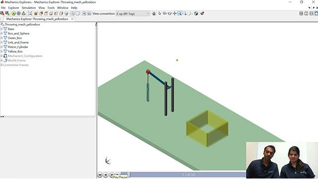 Veer and Maitreyee show you how to build a throwing mechanism to throw a ball at a certain target using Simscape Multibody.