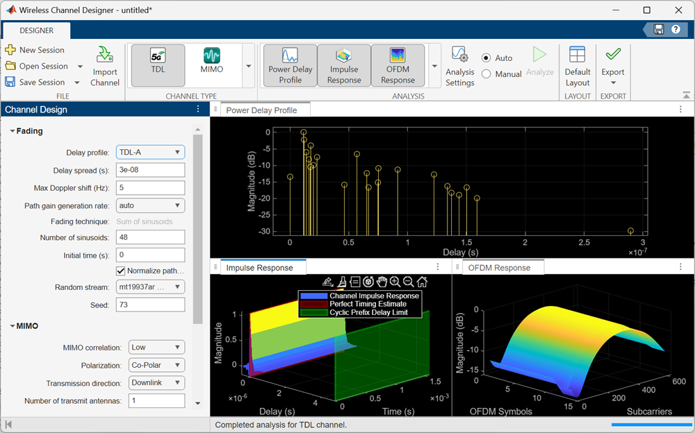 Wireless Channel Designer app configured for 5G TDL channel design and analysis