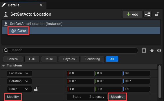 Unreal Editor set cone location