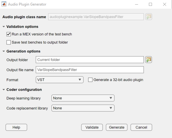 Screenshot of the Audio Plugin Generator interface