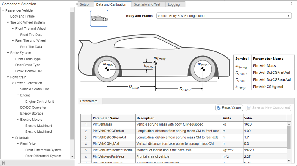 Virtual Vehicle Composer Passenger vehicle Data and Calibration pane