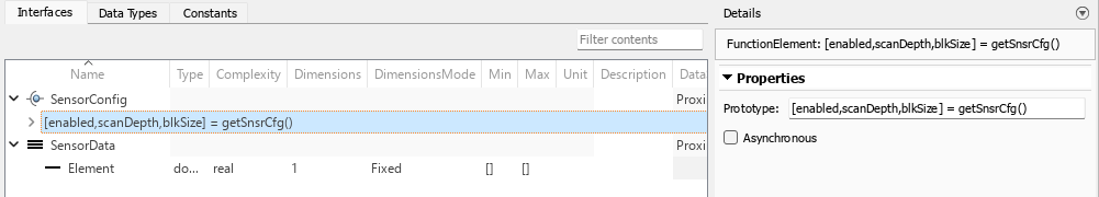 The Interfaces tab in the Architectural Data Editor with AllData and SensorConfig expanded.