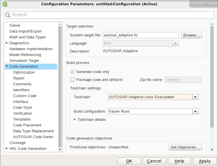Configuration Parameters dialog box, Code Generation pane, with the System target file set to autosar_adaptive.tlc and the Toolchain set to AUTOSAR Adaptive Linux Executable.