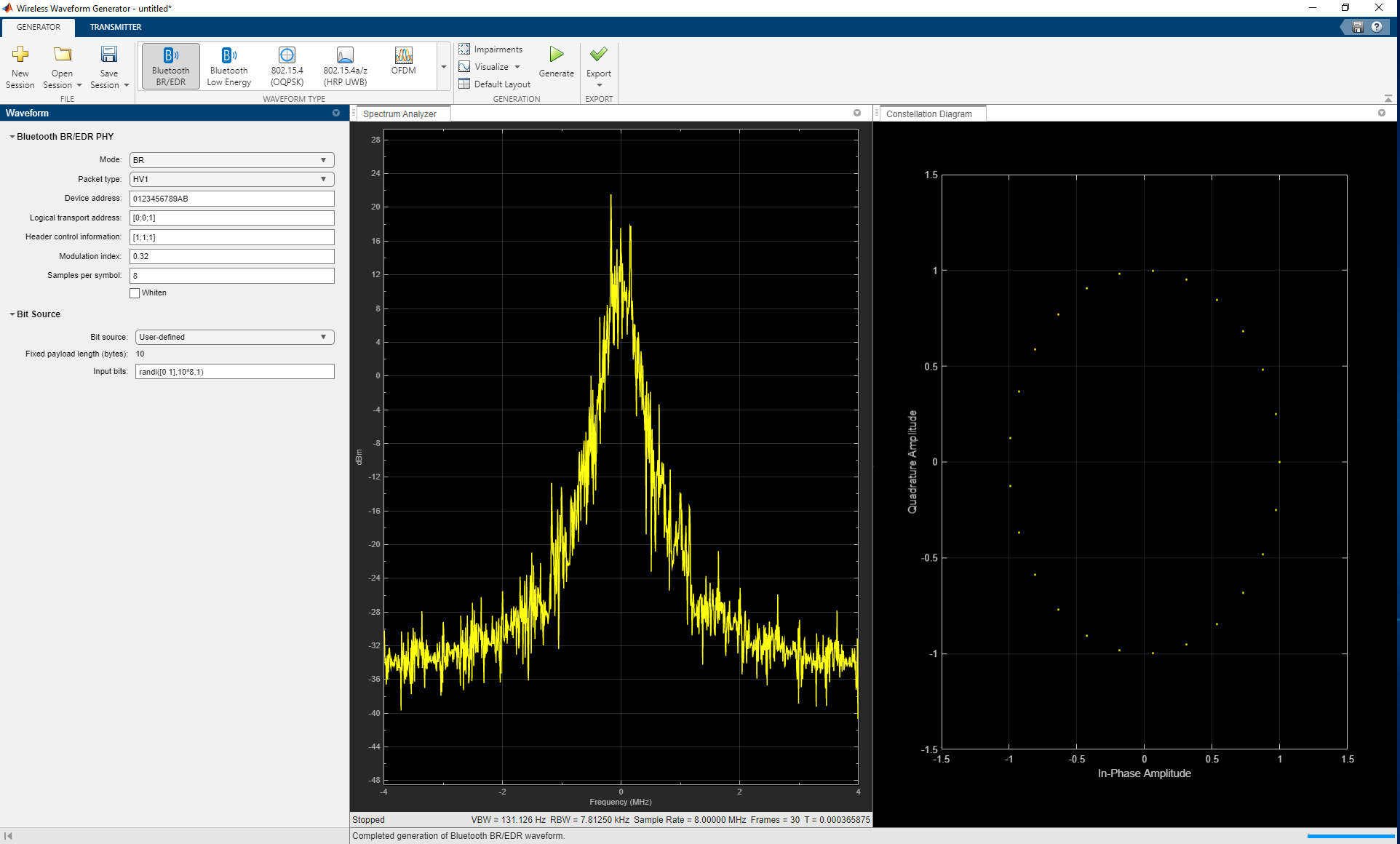 Bluetooth BR/EDR Waveform Generator app