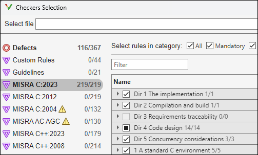 Checkers selection window with the All check box selected for MISRA C:2023 rules