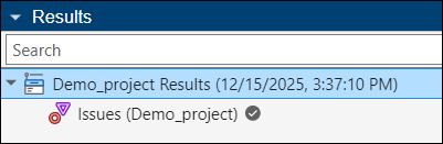 Results pane with a node titled Demo_project Results and a subnode titled Issues