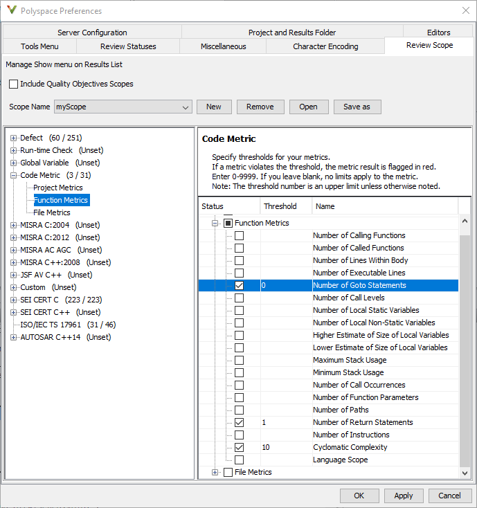 The 'Code Metrics' section of a typical review scope. When the Status column is checked for a specific metric, it indicates that the metric is part of the review scope.