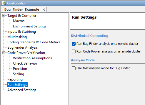 The Run Settings node on the Configuration pane contains options to run analyses on a remote cluster.