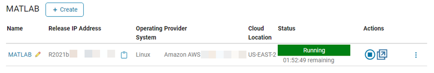 Status column shows the newly created MATLAB resource running in the Cloud Resources tab.