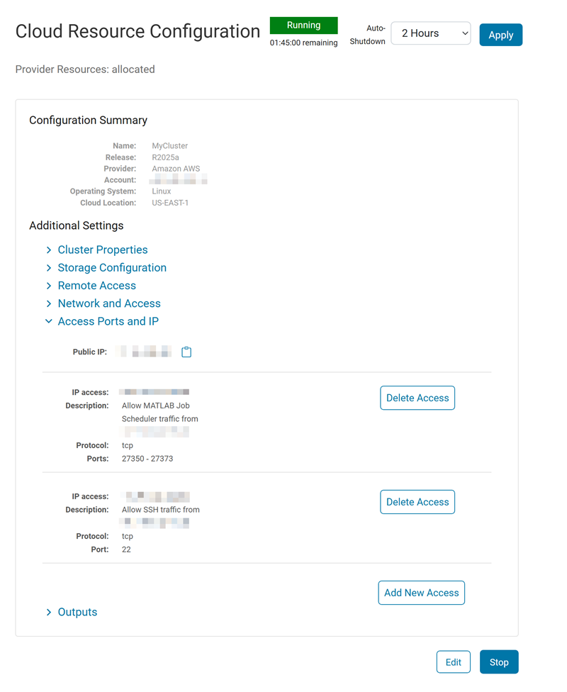 Additional settings in the details screen of the running resource configuration.