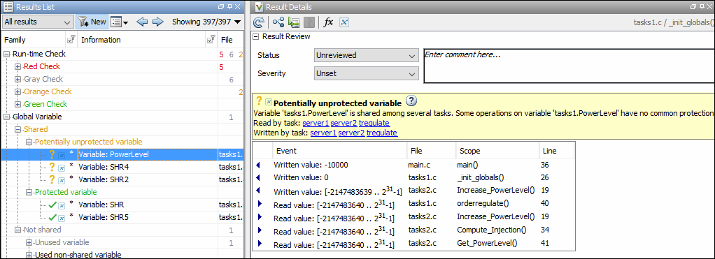 Code Prover analysis example where a potentially unprotected variable finding shows several tasks sharing the same variable.