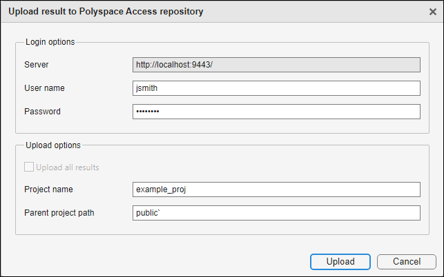 Upload results to Polyspace Access repository window with example information