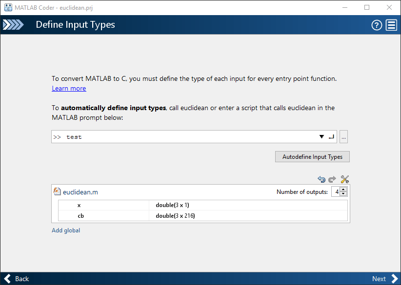 Define Input Types page of the MATLAB Coder app