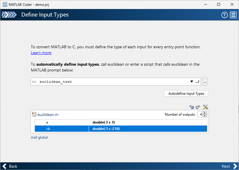 Define Input Types page of the MATLAB Coder app