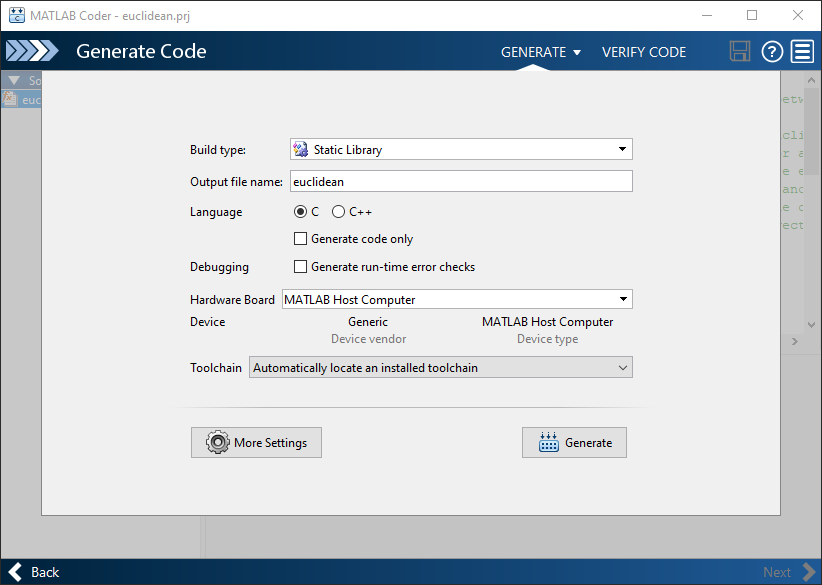 Generate Code page of the MATLAB Coder app