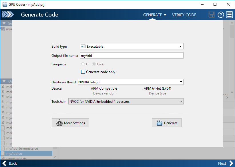 Generate code settings window of GPU Coder app