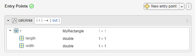 Entry Points pane showing input specification for input argument r, which is an instance of the MyRectangle class.
