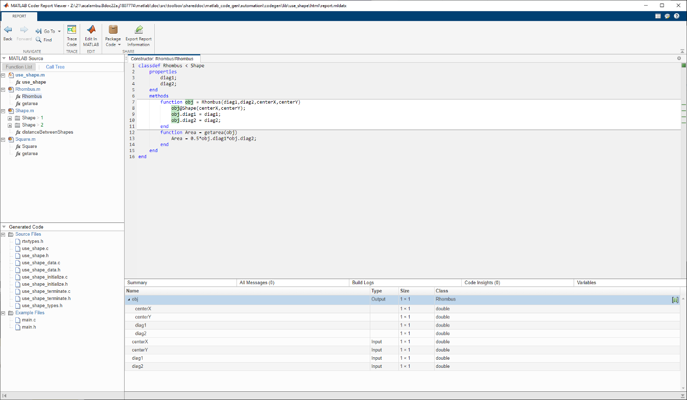 This image shows the code generation report viewer for the example discussed previously. It shows the code for the Rhombus class, and the properties for the class constructor.