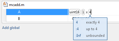 App dialog box, showing variable-sizing choices for the second dimension of variable A