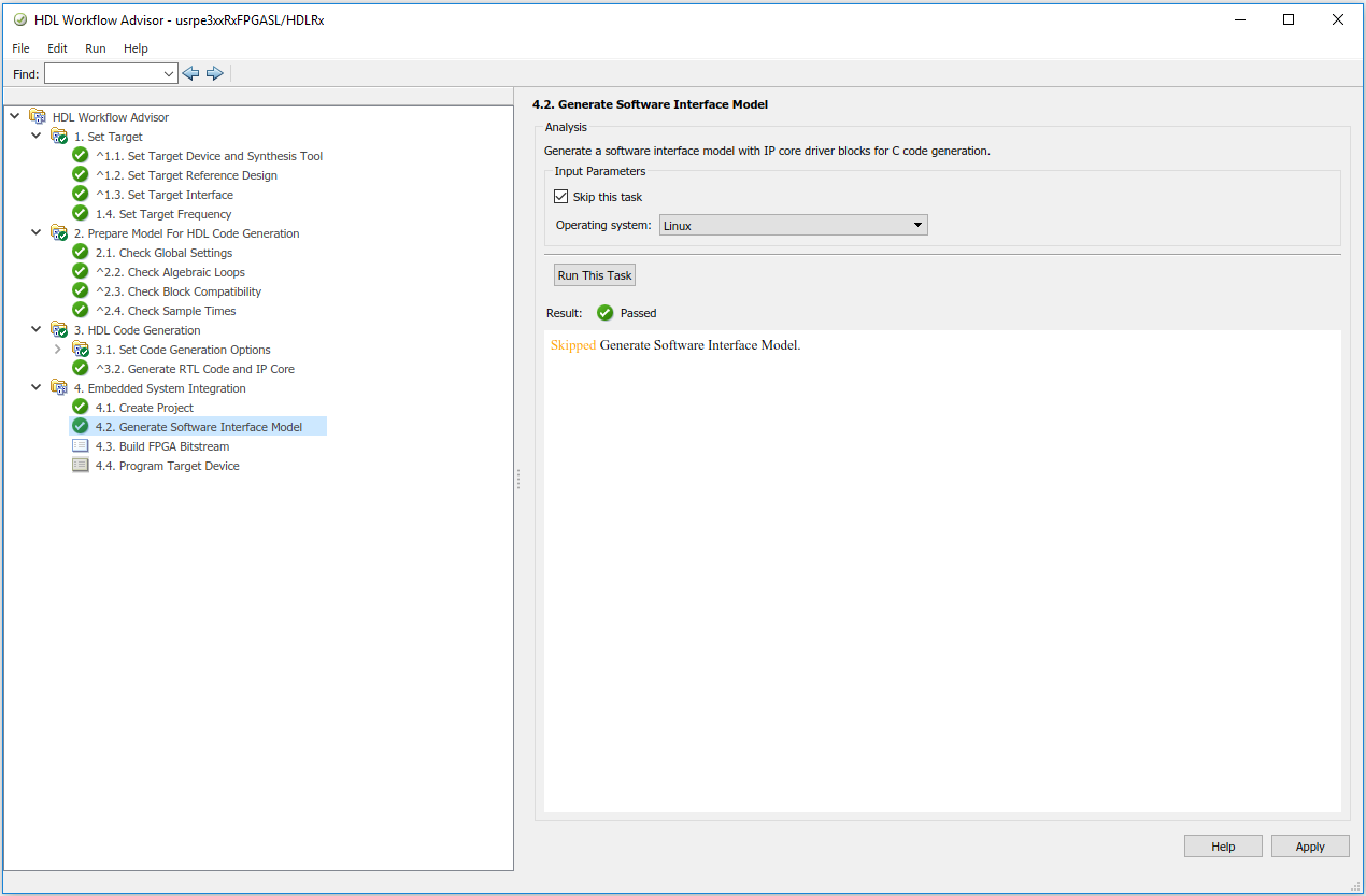 HDL workflow advisor window with generate software interface model selected