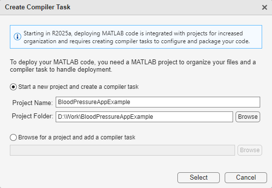 Create compiler task dialog box with the text 'To deploy your MATLAB code, you need a MATLAB project to organize code and a compiler task to handle deployment.' The option 'Start a new project and create a compiler task' is selected.